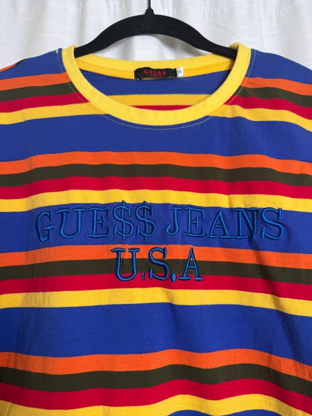 Guess Jeans USA Striped Graphic Tee Blue Multicolor Logo T Shirt | Size M - Picture 7 of 10